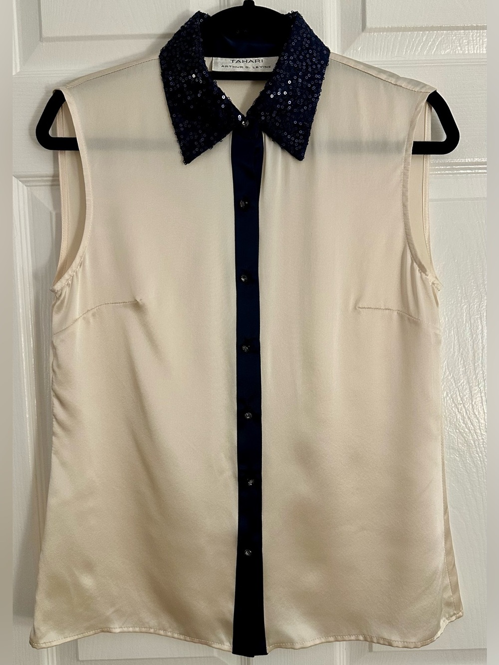 Tahari ASL blouse with navy sequin trim collar